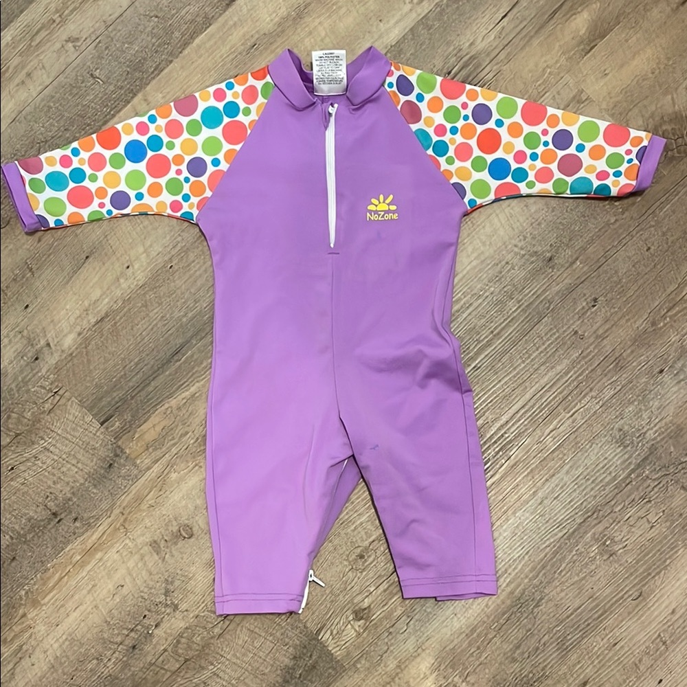 NO ZONE | SPF Kids swimsuit Rashguard -Purple with Colorful Dot Sleeves | 12-18m